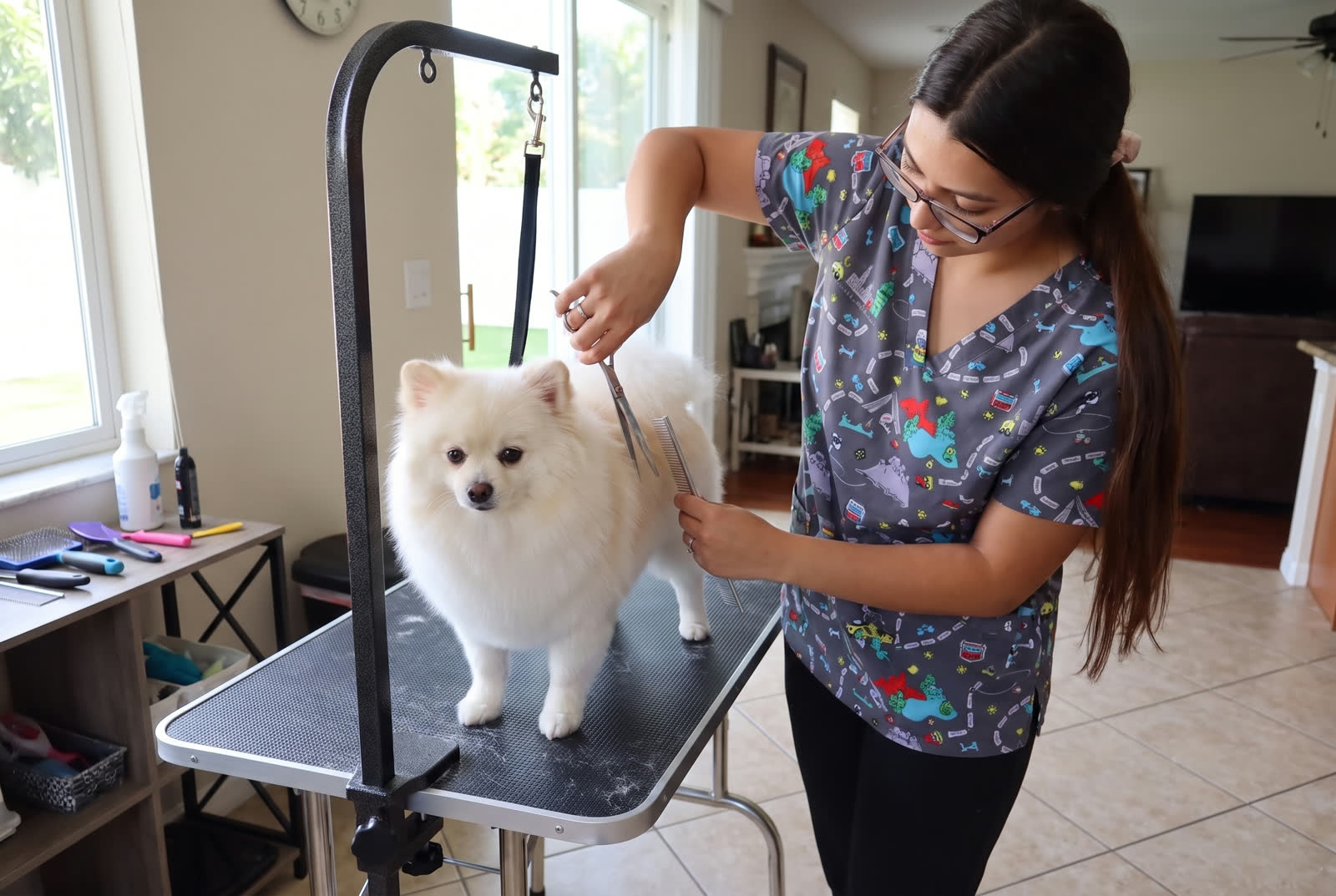 Abril grooming a Pomeranian at Cris Dog Care